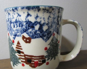 Cabin in Snow Mug - Folk Craft Pattern - Tienshan - Coffee / Tea Cup - Blue Sponge - Log Cabin - Rustic Kitchen Home Decor