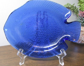 Arcopal Cobalt Blue Glass Fish Snack Plate / Trinket Holder - Made in France - Collector Item - Knick Knack - Kitchen Home Decor