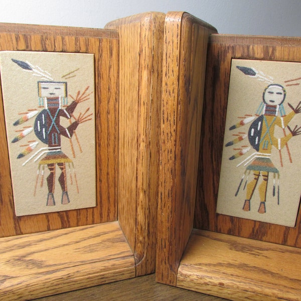 Unique Bookends - Solid Wood with Native American Insets - Tribal Art - Decorative Book Shelf - Large Size - Home Decor