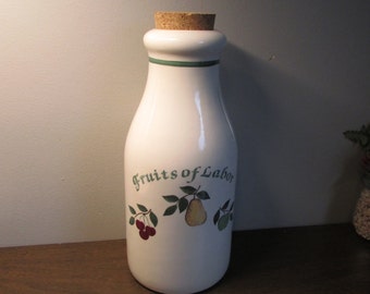 Crock Shop Bank - Fruits of Labor Saying - Milk Bottle Shape with Cork Top - Santa Ana CA - Farm Kitchen - Home Decor