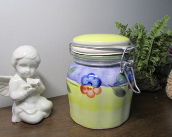 Small Canister/Jar - Blue/Red Flowers Bands Yellow Background - Alco Industrious Locking Metal Bail - Treat Jar - Kitchen Home Decor