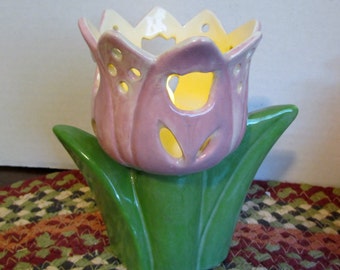 Tulip Nite Light / Votive Candle, Night Glow Light, Pink Green Flower, Hand Crafted Ceramic, Lite Included, Table Top Light, Farm Home Decor