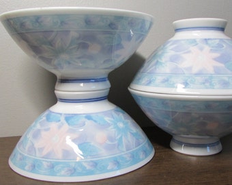 Beautiful Asian Rice / Soup Bowls - Set of 4 Footed Dishes - Pastel Purples & More Colors - Lovely Kitchen Addition - Home Decor