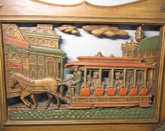 Turn of Century Horse Drawn Trolley Chalkware Plaque - Wall Hanging / Wall Art - 60s Era - Rustic Faux Wood-grain, Home Decor