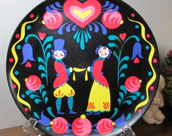 PA Dutch German Style Tole Work Metal Dish - Colorful Bright Hand Painted Couple - Hearts & Flowers on Black - Kitchen Home Decor