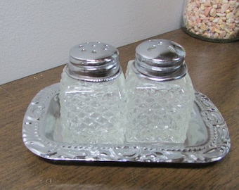Cute Salt & Pepper Shakers with Tray - Small Table Top - Personal Size Shakers - Clear Glass with Chromed Tray - Mid Century Home Decor