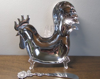 Chicken Shaped Dish in Bright Silver Chrome - Sunflower Handle Spreading Knife - Serving Tray Platter - Farm Kitchen Home Decor