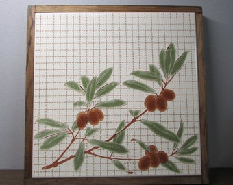 Hand Crafted Trivet or Kitchen Wall Hanging - Olives & Branches Pattern - Wood Frame - Italian Ceramic Tile - Cottage Kitchen Home Decor