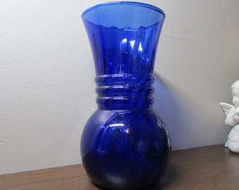 Cobalt Blue Glass Vase - Slight Swirl Pinched Middle - NOT Color Block - Carnival Glass - Unique Shape - 50s Vintage Home Decor