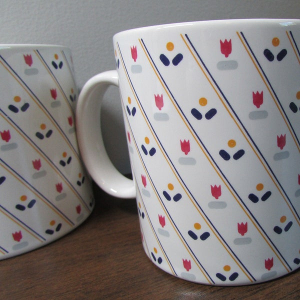 Mugs - Country Borders Pattern - Sango Ceramic - Set of 2 - Coffee Tea Cups - Red White Blue w/ Yellow Flowers - Country Charm - Home Decor