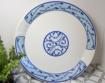 Pfaltzgraff Monaco Pattern 12" Round Chop Plate - Meat Platter - Light Dark Blue Scrolls & Mosaic - Mediterranean Style - Home Decor