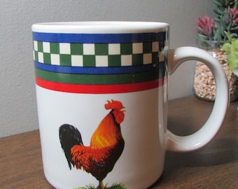 Rooster Mug - Bob Timberlake Design - Ella's Rooster Pattern - International Tableworks - Checker Border - Colorful Chicken - Home Decor