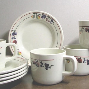 Coffee Cup & Cake Plate Set Circa 60s Free Shipping Pretty Fruit on Speckled Ivory Melamine Choose Qty RV Glamping Kitchen Must Home Decor