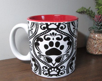 Large Ceramic Mug - Black Print / Red Interior - Paw Print & Filigree Design - 16OZ Mug - Red Black Kitchen  - Home Decor