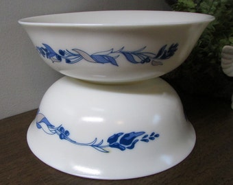 Arcopal Bowls - Janine Pattern - Set of 2 - Made in France - Lightweight Sturdy Vitrock Dish - Blue Gray on White - Home Decor
