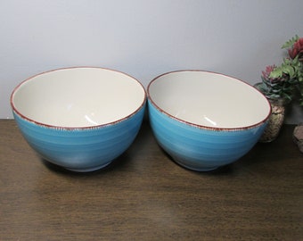 Turquoise Swirl Blue Bowls, Set of 2, Royal Norfolk China, Blue w/ Brown Trim, White Inside, Rice / Soup / Snack Bowls, Kitchen Home Decor