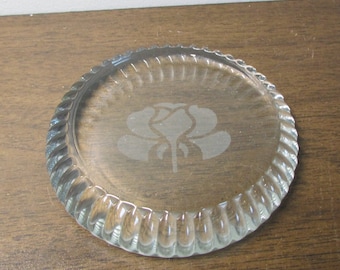 Pretty Paperweight - Etched Rose in Clear Glass - Round with Ripple Rim - Desk Top Decor-  Home Decor