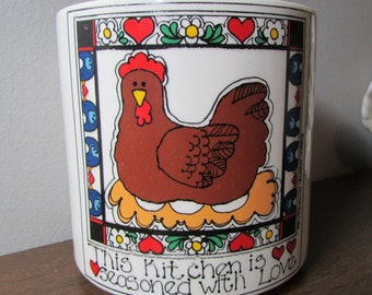 Pot/tasse à crayons poulet poule - « Cette cuisine est assaisonnée d'amour » - oeuvre d'art de Susan Marie McChesney - petit porte-ustensiles - décoration de maison à la ferme