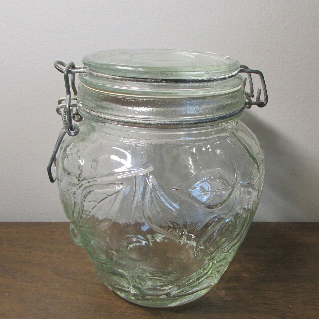 Round Glass Jar Locking Lid / Bale With Gasket, Fruit Motif Surround