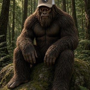 May include: A tan and white trucker hat featuring a circular patch with a graphic of a primate and the text "LET'S GO MOUNTAIN'S THE BONE THAT BITES BACK". The hat has a structured front panel, a curved brim, and a mesh back for ventilation.