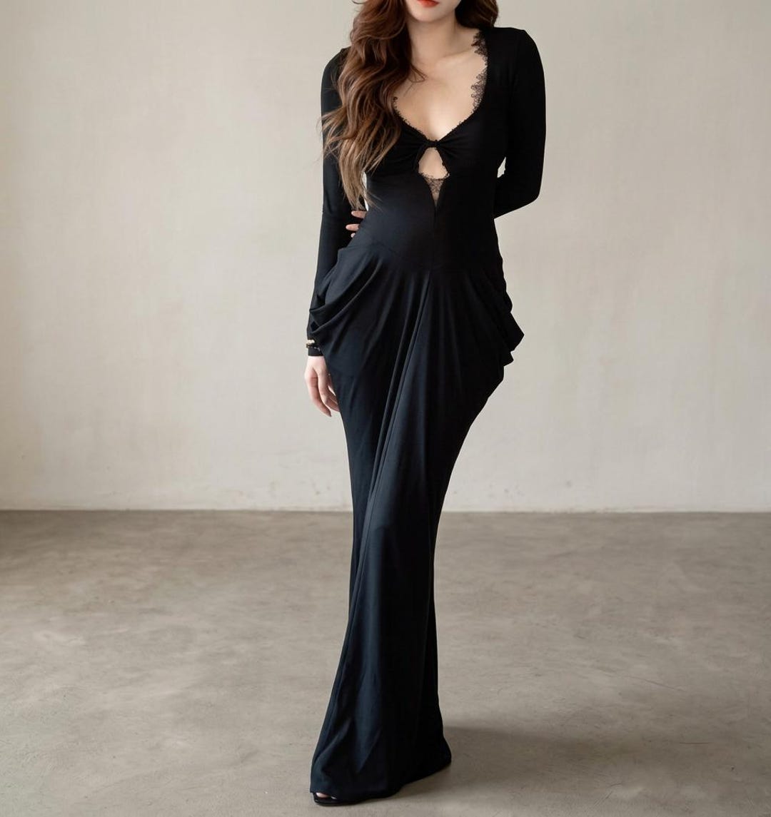 Vamp Romantic Fitted Dress, Black Mermaid Maxi Dress V-neck, Long ...