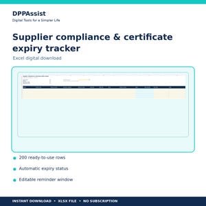 May include: A digital Excel spreadsheet template titled Supplier compliance & certificate expiry tracker. The interface features a dark blue header row with columns for supplier details, certificate information, and status, with 200 rows for data entry.