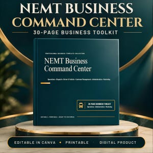 Pode incluir: Um kit de ferramentas de negócios de 30 páginas em verde-azulado escuro intitulado NEMT Business Command Center. A capa apresenta texto branco listando operações, despacho, motorista e veículo, gestão de clientes, administração e marketing.