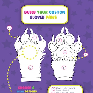 May include: A purple graphic with two paw outlines, labeled with options for customization. Text reads "Build Your Custom Cloved Paws" and "Choose a Decal Options". Includes options for claw, paw bean, toe, top, underside fur, and palm colors.