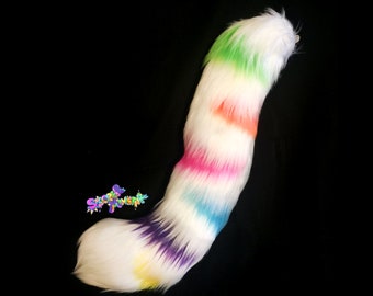 White Striped Rainbow Kitty Tail - Cosplay - Furry