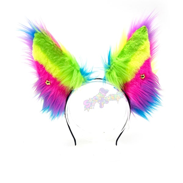 Large Neon Raver Rainbow Ears - fur suit ears - pride ears - cosplay ears