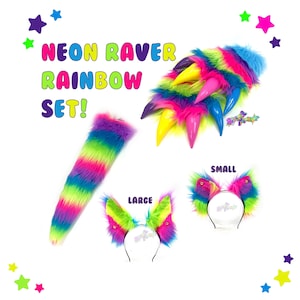 Op de afbeelding: Neon raver regenboogset! Inclusief een regenboogstaart, een paar grote regenboogoren en een paar kleine regenboogoren.