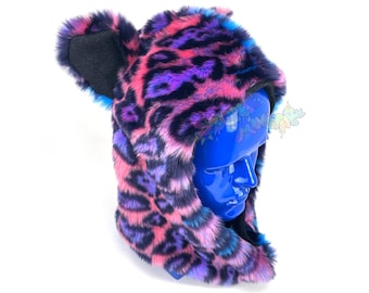 Future Funk Leopard Hoodie - Faux Fur Hat - Raver Hood