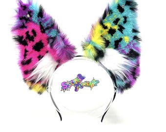 Orejas grandes de leopardo arcoíris - Cosplay - Disfraz de Halloween - Raver