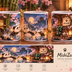 May include: Three white ceramic mugs featuring a colorful illustration of a panda and a cat relaxing in a hot spring surrounded by cherry blossoms, bamboo, and a pagoda under a full moon. The text "MishiZen" and a paw print icon are visible.