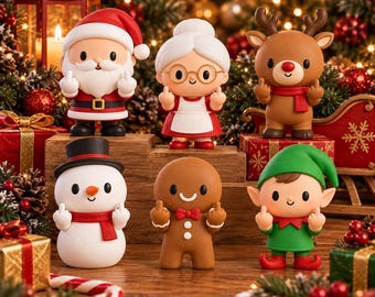 Peut inclure: Un ensemble de six figurines sur le thème de Noël comprenant le Père Noël, la Mère Noël, un renne, un bonhomme de neige, un bonhomme en pain d'épice et un elfe. Chaque personnage affiche un air joyeux tout en faisant un doigt d'honneur.