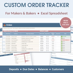 Könnte beinhalten: Eine digitale Excel-Tabelle zur Nachverfolgung von Kundenaufträgen für Handwerker und Bäcker. Die Benutzeroberfläche zeigt Spalten für Bestelldaten, Kundennamen, Details, Summen, Anzahlungen, Salden und Statusmeldungen. Enthält ein Bestellformular.