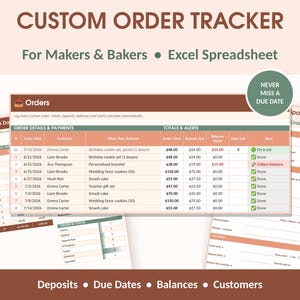 Könnte beinhalten: Eine digitale Excel-Tabelle zur Verfolgung von Kundenaufträgen für Handwerker und Bäcker. Die Oberfläche enthält Spalten für Bestelldaten, Kundennamen, Artikel, Summen, Anzahlungen, Salden und Fälligkeitstermine sowie ein grünes Abzeichen.