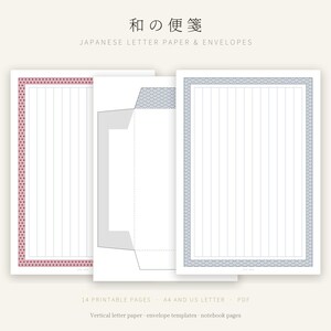 May include: Printable stationery set featuring Japanese letter paper and envelope templates. Includes pages with red and blue geometric borders, vertical lines, and the text: 和の便箋 JAPANESE LETTER PAPER & ENVELOPES 14 PRINTABLE PAGES A4 AND US LETTER PDF.