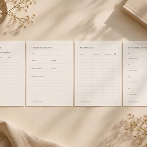 Pode incluir: Quatro páginas de planejador na cor creme com texto e linhas de grade em preto. As páginas são intituladas Books to Read, Currently Reading, Reading Log e Favourite Quotes. Cada página inclui campos para registrar títulos, autores e progresso de leitura, com o texto Soft Between Days impresso na parte inferior de cada folha.