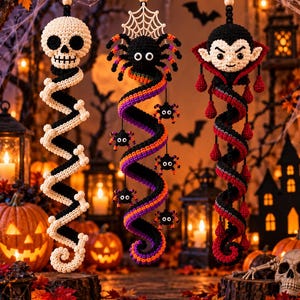 Crochet Halloween Ornament Pattern, Spiral Skull Spider Vampire Hanging Decor, 3 in 1 PDF Digital Download