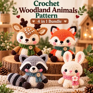 Könnte beinhalten: Vier gehäkelte Waldtierfiguren, darunter ein Reh, ein Fuchs, ein Waschbär und ein Hase. Jede Figur trägt einen Schal mit einem Knopf oder einer Blume. Der Text Crochet Woodland Animals Pattern 4 in 1 Bundle ist oben zu sehen.