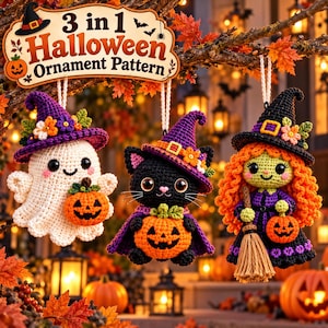 Può includere: Tre decorazioni di Halloween all'uncinetto raffiguranti un fantasma bianco, un gatto nero e una strega dalla pelle verde, con cappelli viola o neri decorati con fiori e piccole zucche arancioni. Il testo recita 3 in 1 Halloween Ornament Pattern.