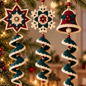 May include: Three hanging crochet ornaments featuring a star, a snowflake, and a bell design. Each ornament has a spiral tail in dark green and cream, accented with red and gold beads, and finished with a small gold jingle bell at the bottom.