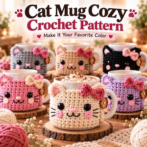 Könnte beinhalten: Eine Sammlung von gehäkelten Tassenwärmern in Katzenform, jeweils mit Ohren, einer kleinen Schleife, schwarzen Augen, rosa Wangen und einem Holzknopf. Der Text lautet Cat Mug Cozy Crochet Pattern und Make It Your Favorite Color. Die Tassenwärmer sind in Grau, Beige, Schwarz, Rosa, Creme und Lila.