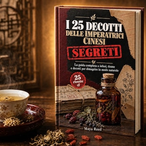 Può includere: Un libro con copertina rigida intitolato I 25 Decotti Delle Imperatrici Cinesi Segreti di Maya Reed, con una copertina scura che mostra una bottiglia di vetro con erbe, una tazza da tè su un piattino e ingredienti secchi. Testo 25 ricette incluso.