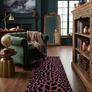 Hand Tufted Cheetah Print Rug Runner, Deep Red Black Animal Pattern, Gothic Chic Floor Mat, Maximalist Home Decor Accent
