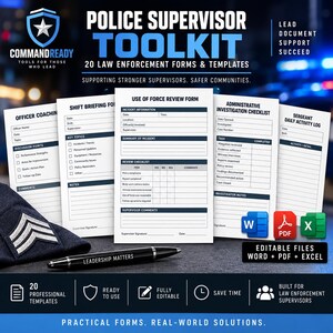 Op de afbeelding: Een digitale toolkit voor toezichthouders bij de politie met 20 bewerkbare formulieren en sjablonen, waaronder een formulier voor geweldgebruik, weergegeven met een zwarte pen en een politie-insigne.