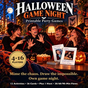 May include: A Halloween Game Night printable party game set featuring a title graphic, 36 cards, and 12 activities. The cards display text like Fang Check and Garlic Bread Disaster. The set includes 4-16 player capacity and 30/60/90-minute game flows.