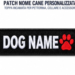 Pode incluir: Um emblema retangular preto bordado com o texto branco DOG NAME numa fonte sem serifa em negrito, acompanhado por um gráfico de pata vermelha no lado direito. O emblema tem uma borda costurada e destina-se a ser fixado em acessórios.
