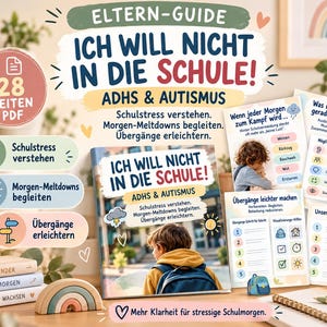 Può includere: Una guida digitale intitolata Ich will nicht in die Schule! ADHS & Autismus, che mostra un bambino con uno zaino sulla copertina. Il set include pagine stampabili con testo sullo stress scolastico e le transizioni quotidiane.